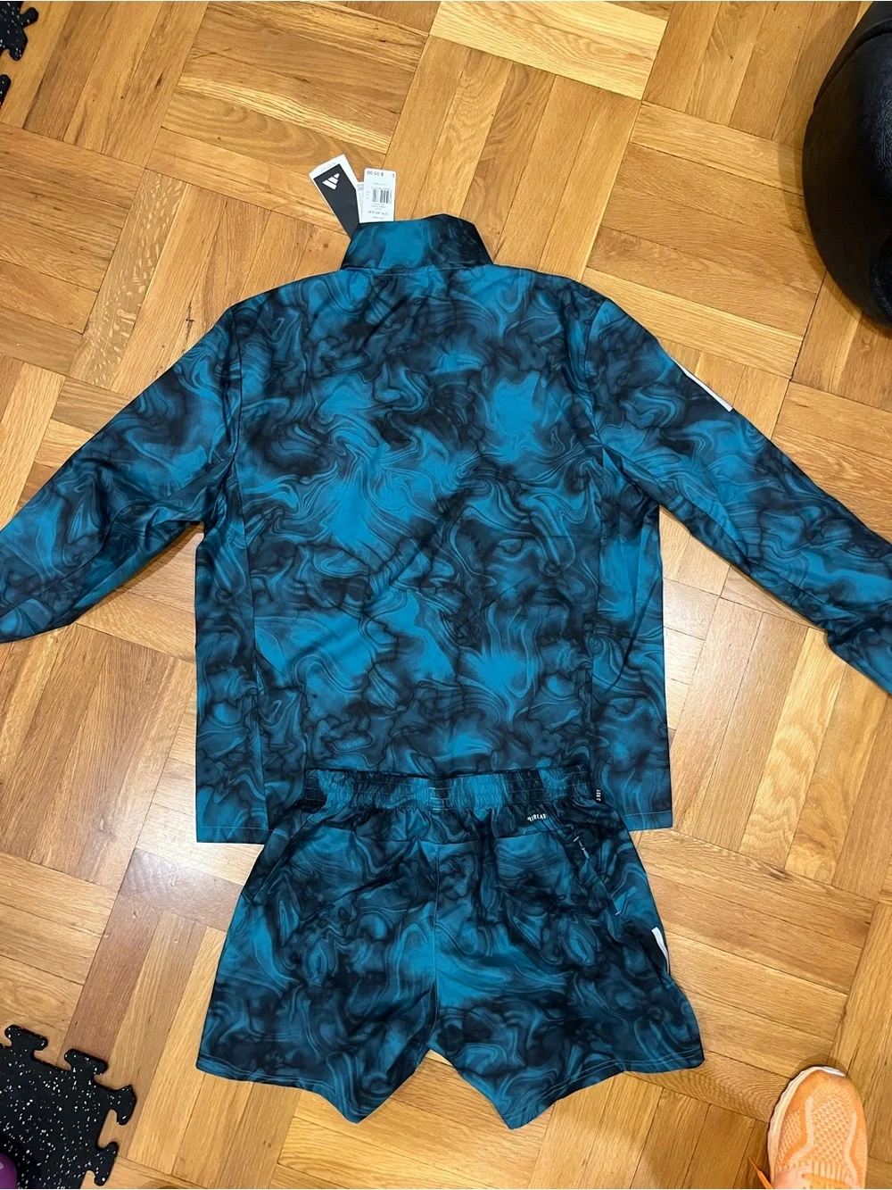 adidas Mens Teal Marble-Print Zip Jacket (L) & Shorts (M) Set